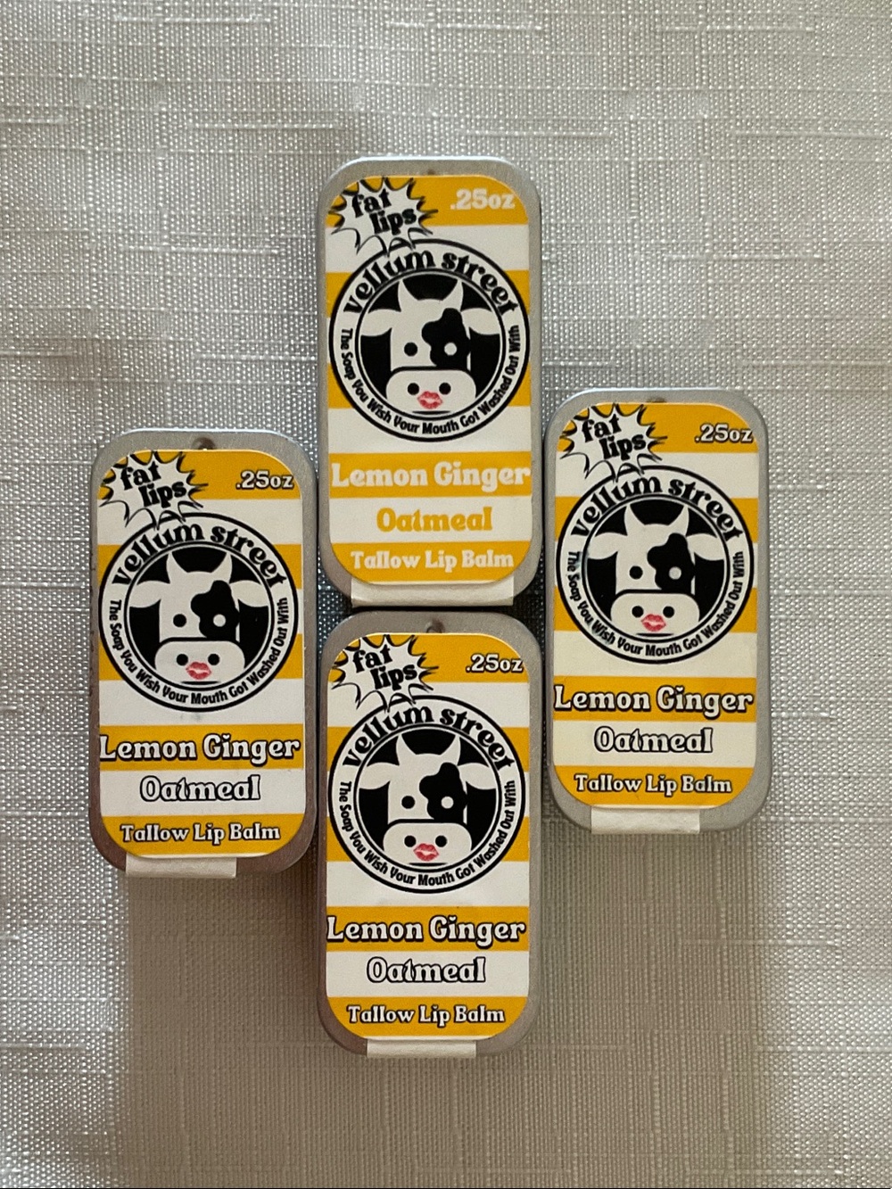 VELLUM STREET Fat Lips Tallow Lip Balm Bundle Set of 4 Lemon Ginger Oatmeal